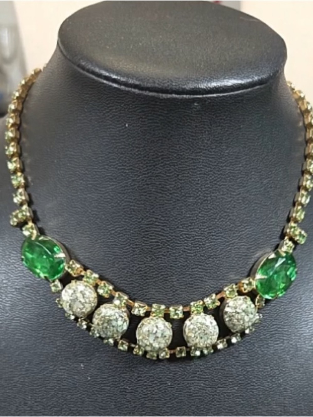 Gold-Tone Necklace with Emerald Green and Clear Stones
